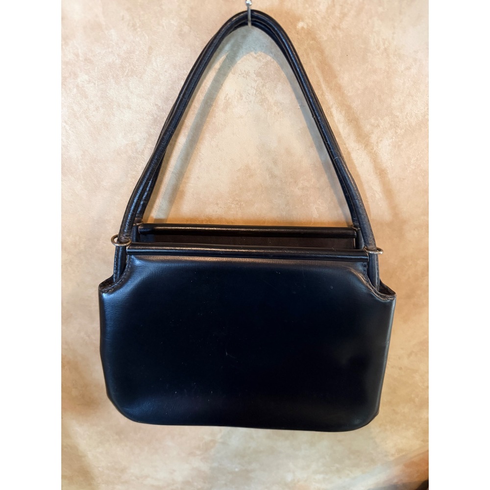 Vintage Kadin Black Faux Leather Kiss Lock Evening Bag Made in USA Mid Century